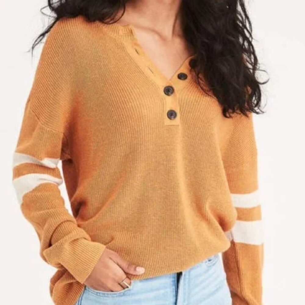 American Eagle Orange Henley Sweater Varsity Stripes Relaxed Fit Pullover - Size
